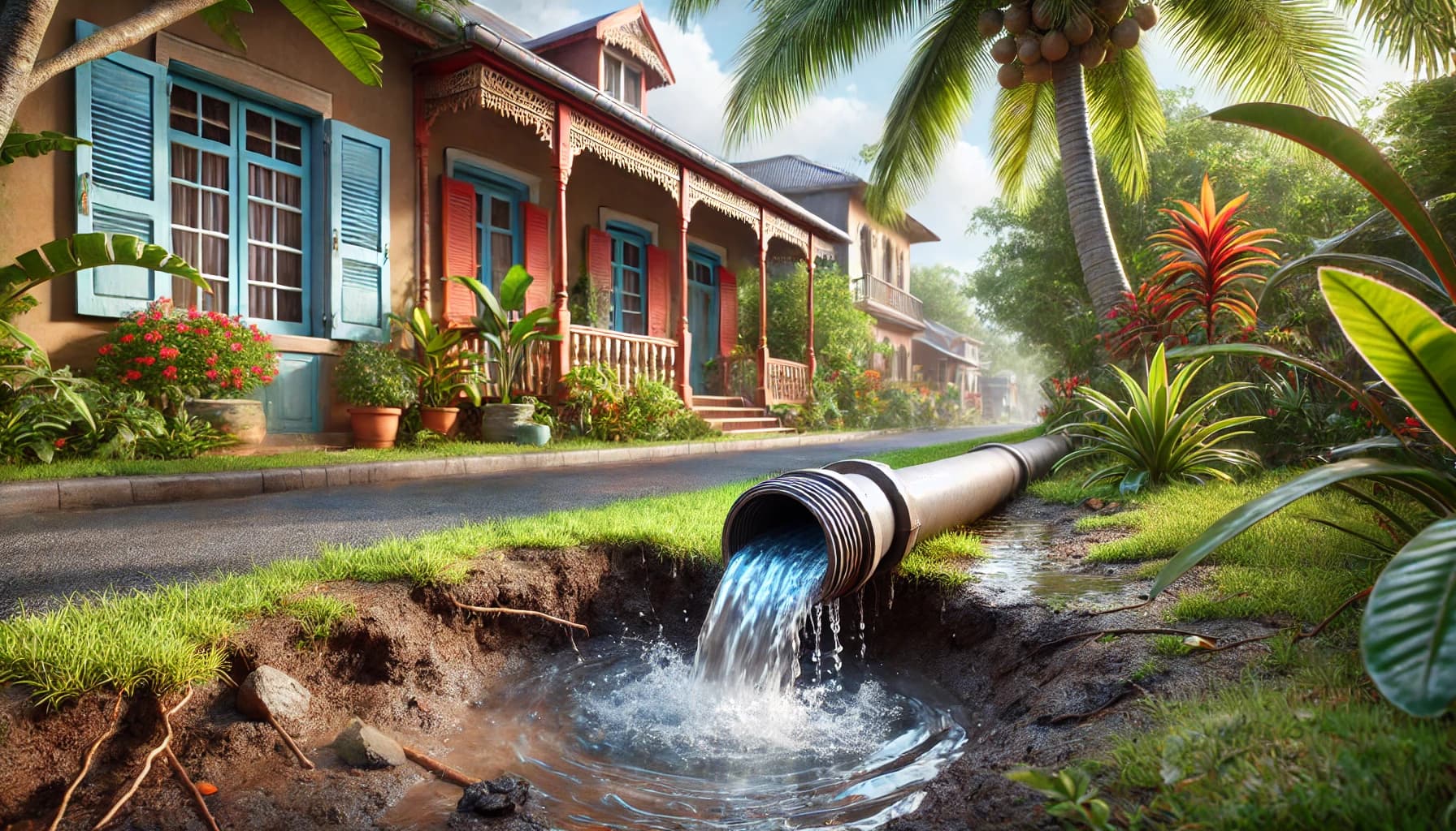 Problème de plomberie : fuite sur une canalisation rouillée dans un jardin créole à La Réunion.