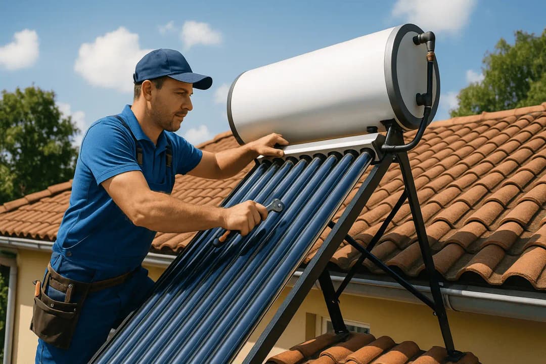 Un plombier professionnel installant un chauffe-eau solaire sur une maison